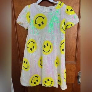 White Sequin Dress with Yellow Smiley Faces